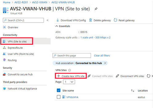 VPN(사이트 간) 및 새 VPN 사이트 만들기가 선택된, 가상 허브에 대한 개요 페이지의 스크린샷.