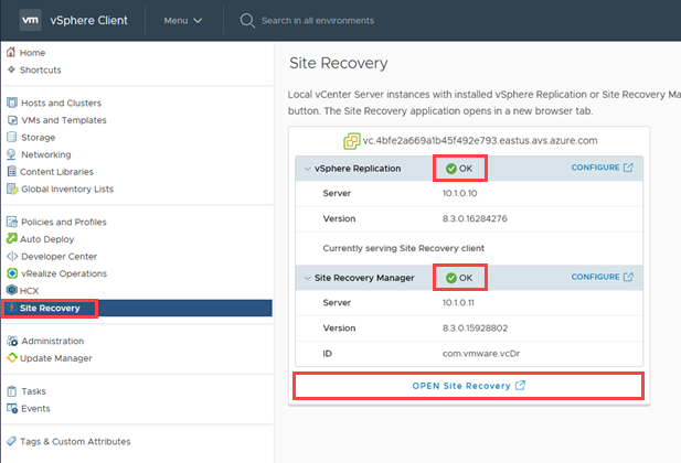 vSphere 복제 및 Site Recovery Manager 설치 상태가 정상인 vSphere 클라이언트를 보여 주는 스크린샷