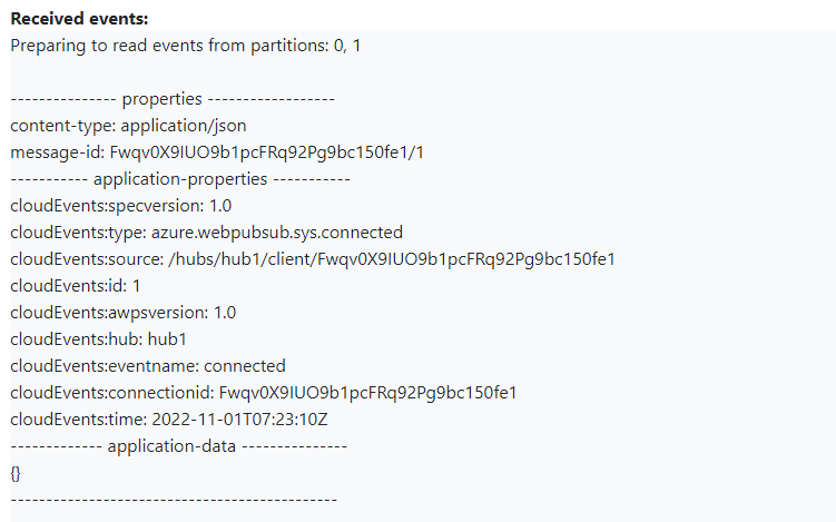Event Hubs 소비자 클라이언트 앱에서 인쇄된 연결된 이벤트의 스크린샷.