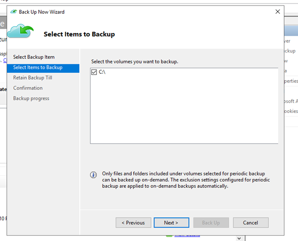 Screenshot shows how to select a subset of volumes backed up periodically for on-demand backup.