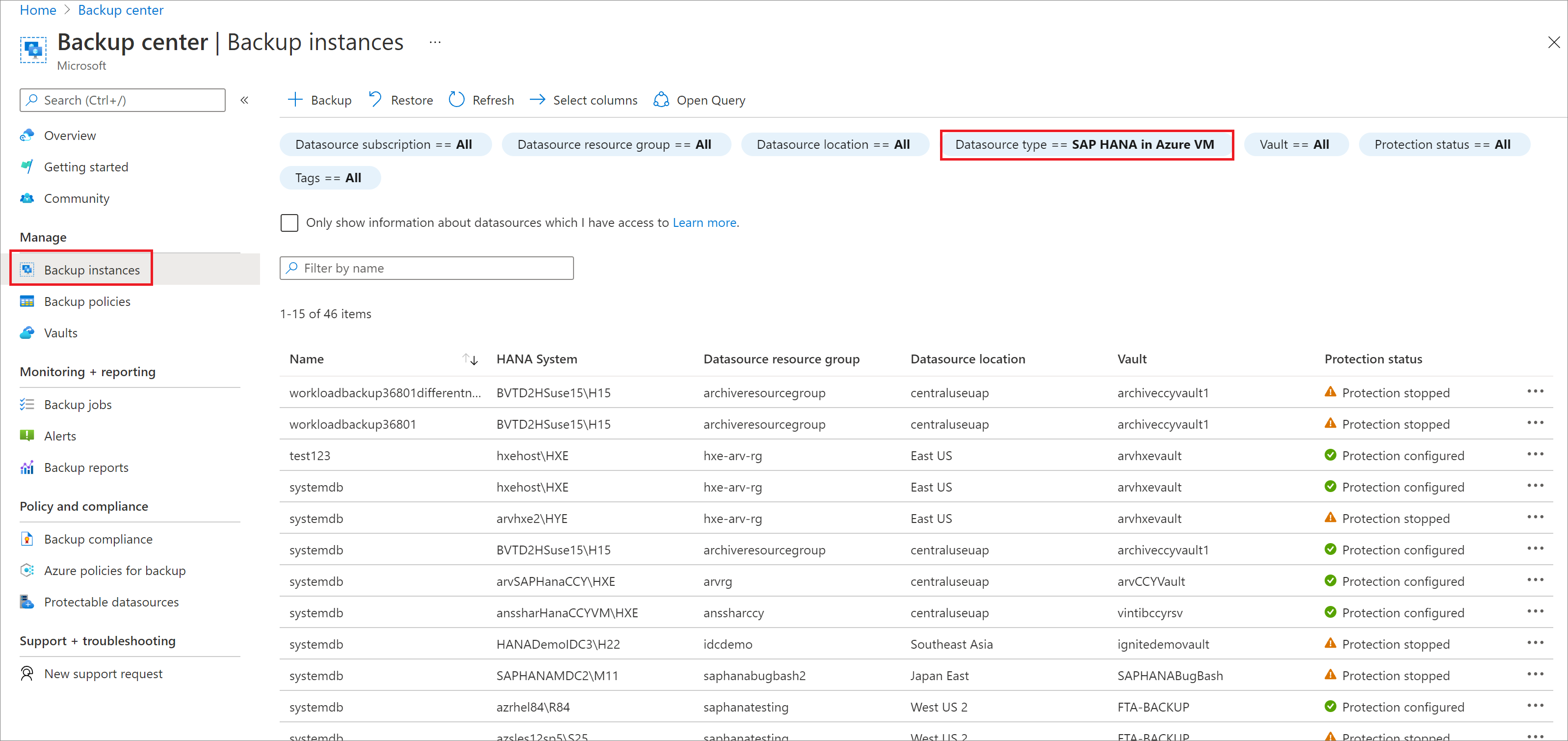 'Azure VM의 SAP HANA'를 선택할 위치를 보여 주는 스크린샷