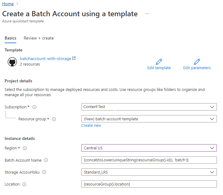 Resource Manager 템플릿, Batch 계정 만들기, 포털 배포