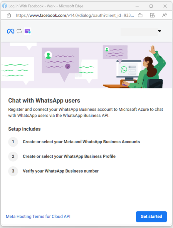 Azure에 WhatsApp Business 계정 등록 시작을 보여 주는 스크린샷.