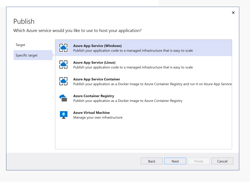 Azure 앱 서비스를 특정 대상으로 선택하는 방법을 보여 주는 스크린샷