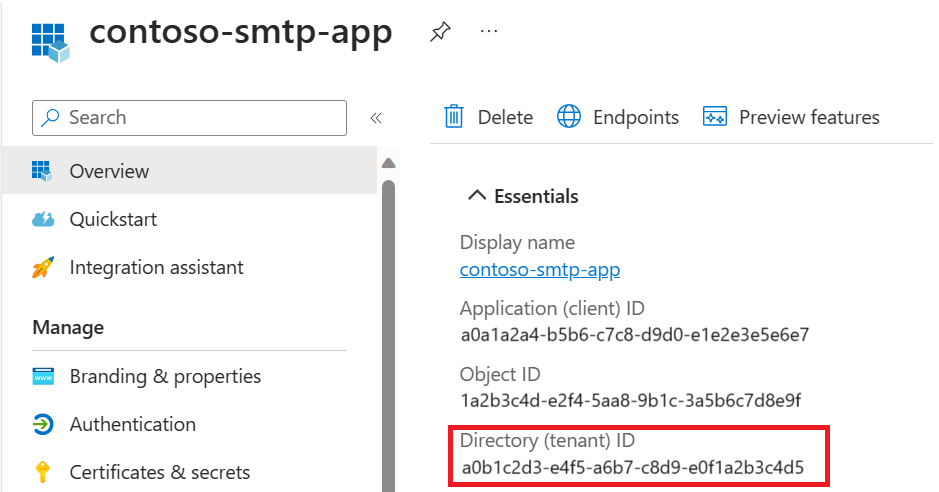 Microsoft Entra 테넌트 ID를 찾는 방법을 보여 주는 스크린샷