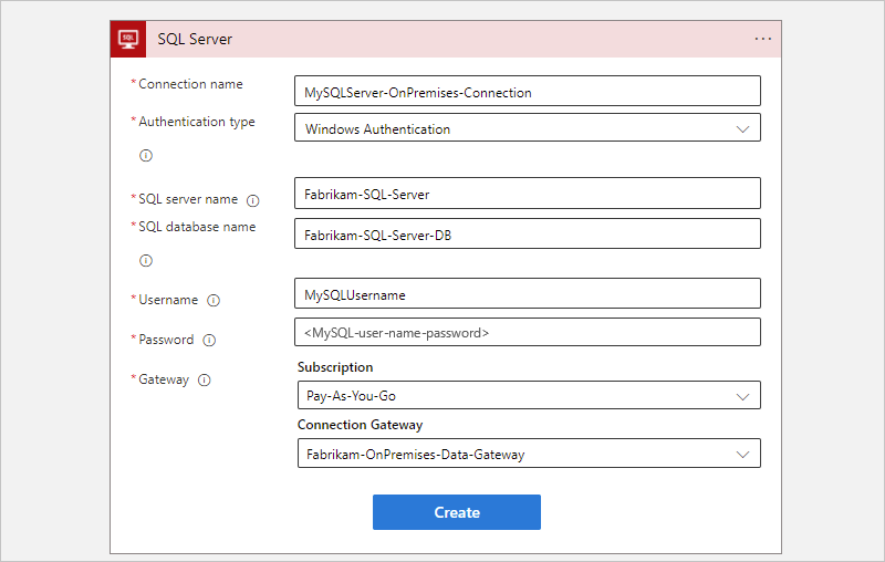 Azure Portal, 사용량 워크플로 및 SQL Server 온-프레미스 연결 정보와 선택된 인증이 있는 스크린샷.