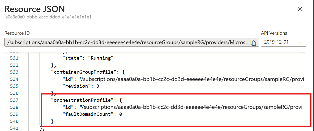 OrchestratorId 속성을 표시하는 NGroups CG ARM JSON의 스크린샷.