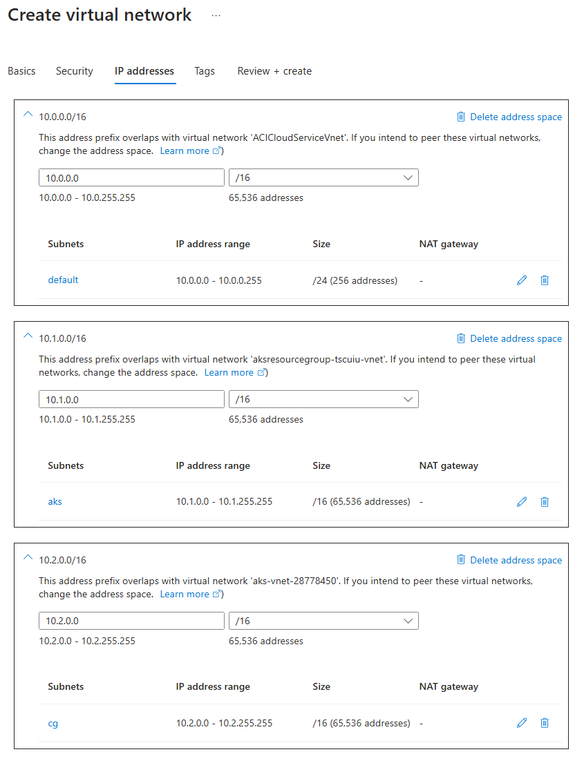 Azure Portal에서 가상 네트워크를 만들기 위해 IP 주소 페이지를 구성하는 방법을 보여 주는 스크린샷