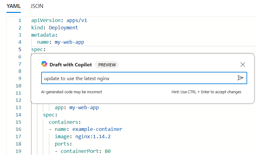 Azure의 Microsoft Copilot이 AKS YAML 파일 업데이트를 요청하는 스크린샷. 