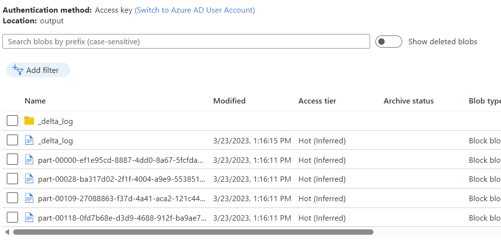 Azure Blob Storage 컨테이너의 파이프라인에서 출력 파일의 스크린샷