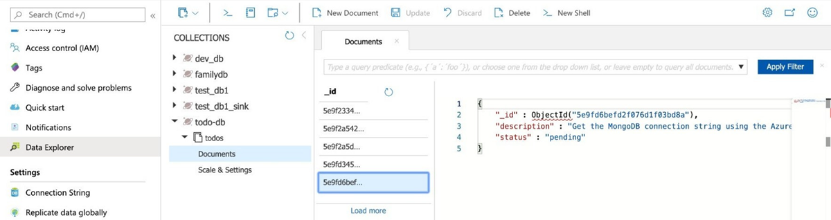 새로 만든 문서를 표시하는 Data Explorer