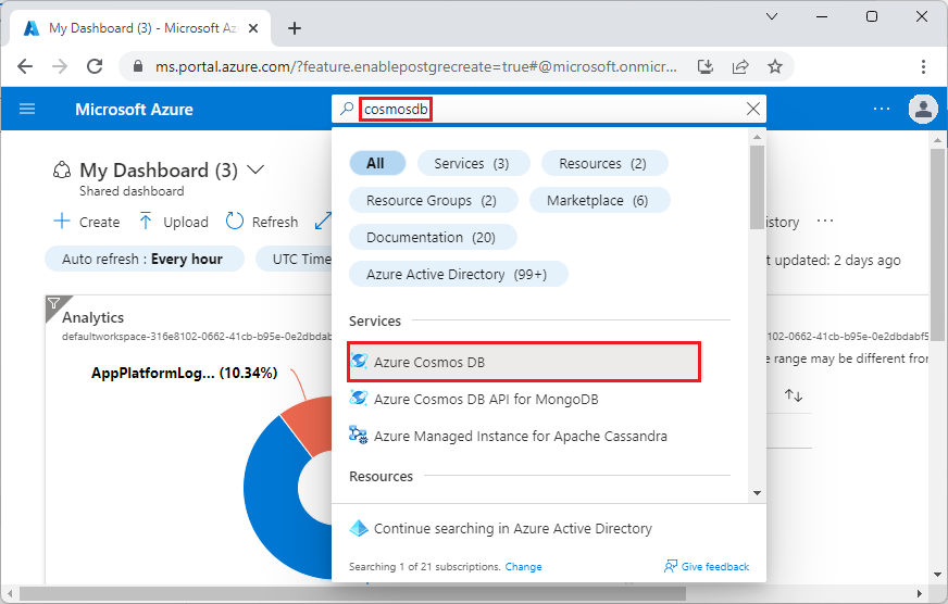 cosmosdb 검색을 보여 주는 스크린샷