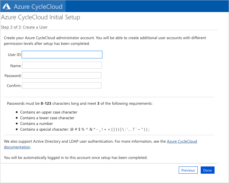 CycleCloud 새 사용자 만들기 화면