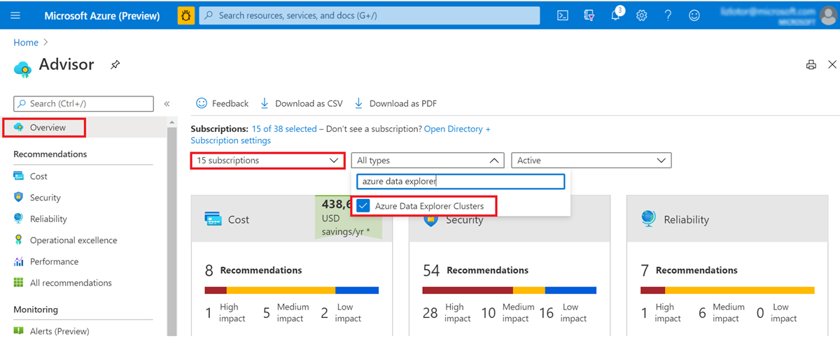 Azure Advisor 리소스.