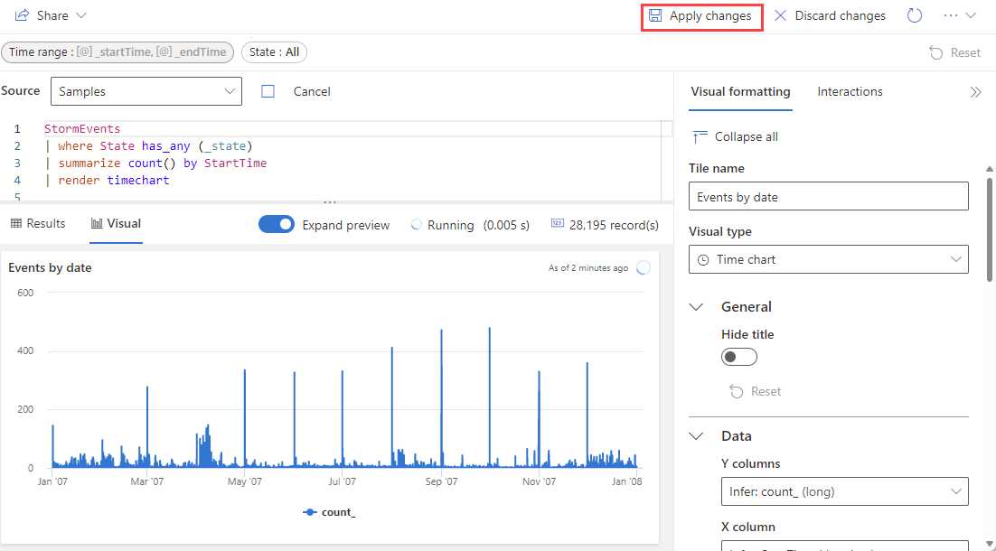 Azure Data Explorer 웹 UI에서 대시보드 타일에 대한 변경 내용을 저장하는 방법의 스크린샷.