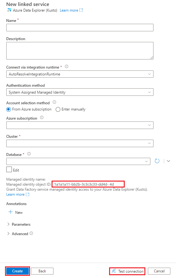 Azure Data Explorer 새 연결된 서비스 창.