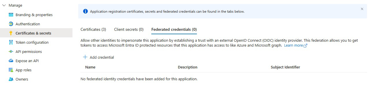 Microsoft Entra 앱의 페더레이션된 자격 증명 탭을 보여 주는 스크린샷