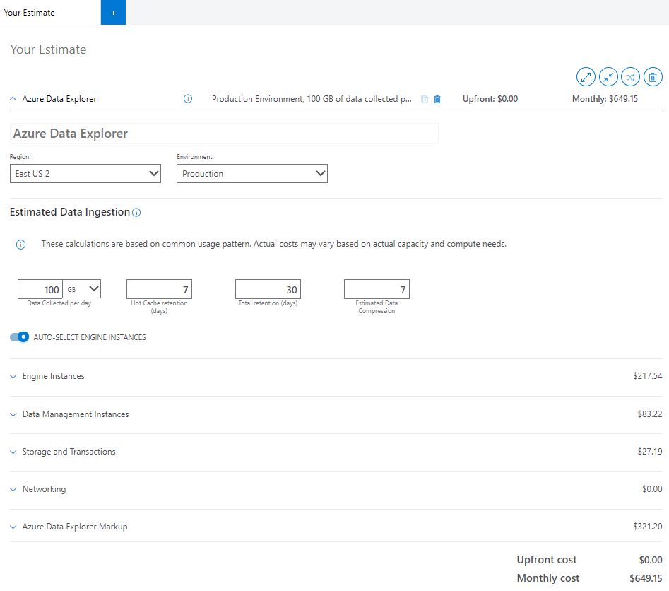 온라인 Azure Data Explorer 가격 책정 계산기의 스크린샷.