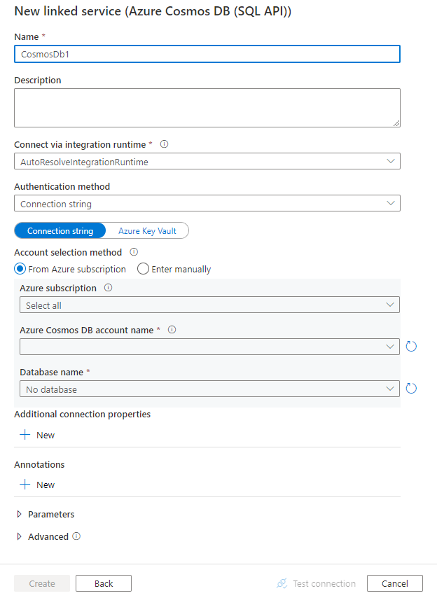 Azure Cosmos DB의 연결된 서비스 구성의 스크린샷.