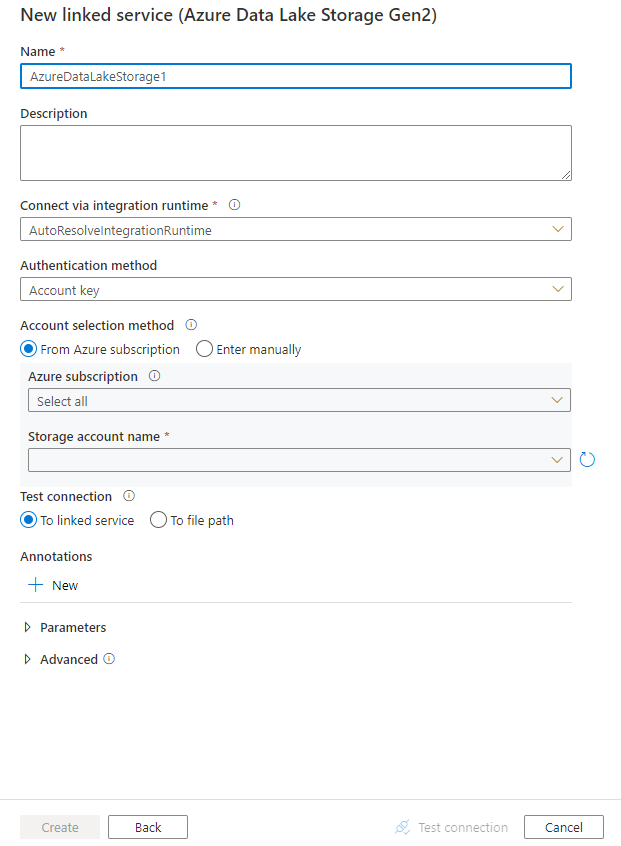 Azure Data Lake Storage Gen2 연결된 서비스 구성 스크린샷.