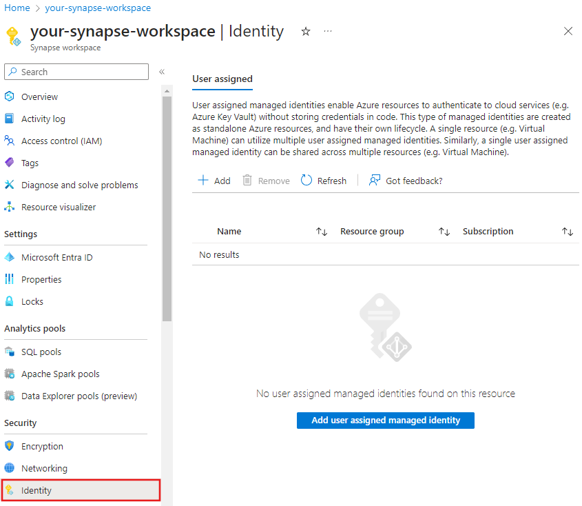 Azure Portal을 사용하여 사용자 할당 관리 ID를 연결하는 방법을 보여 주는 스크린샷