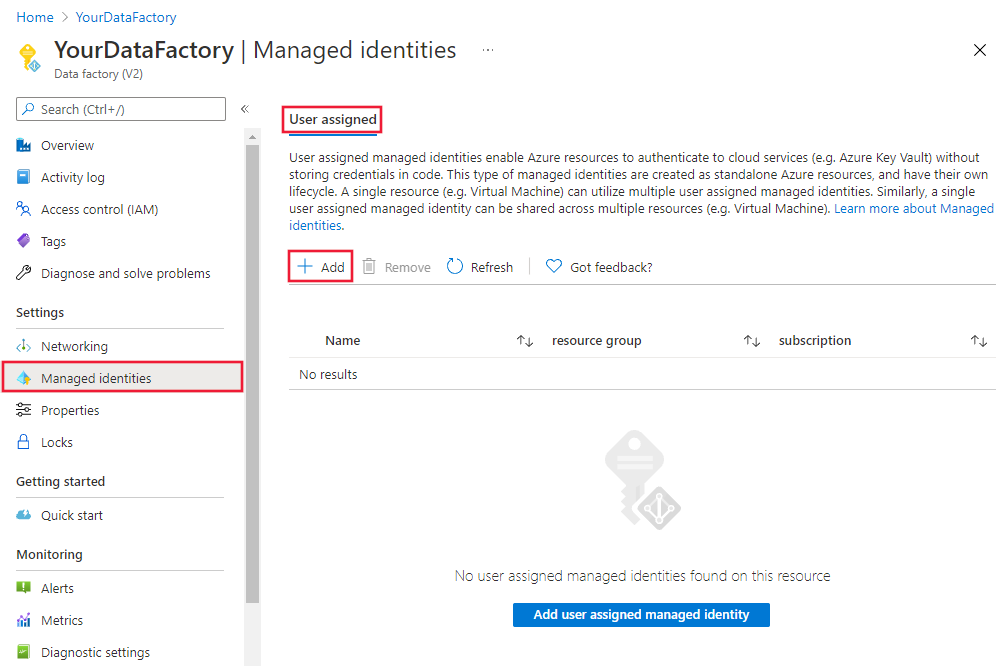 Azure Portal을 사용하여 사용자 할당 관리 ID를 연결하는 방법을 보여 주는 스크린샷