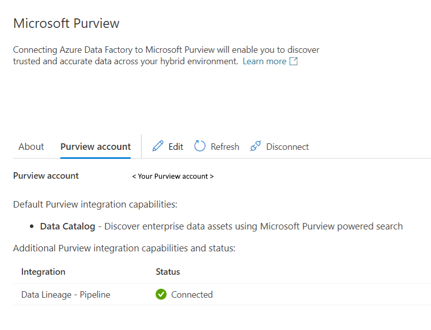 Azure Data Factory와 Microsoft Purview 간의 통합 상태를 모니터링하기 위한 스크린샷.