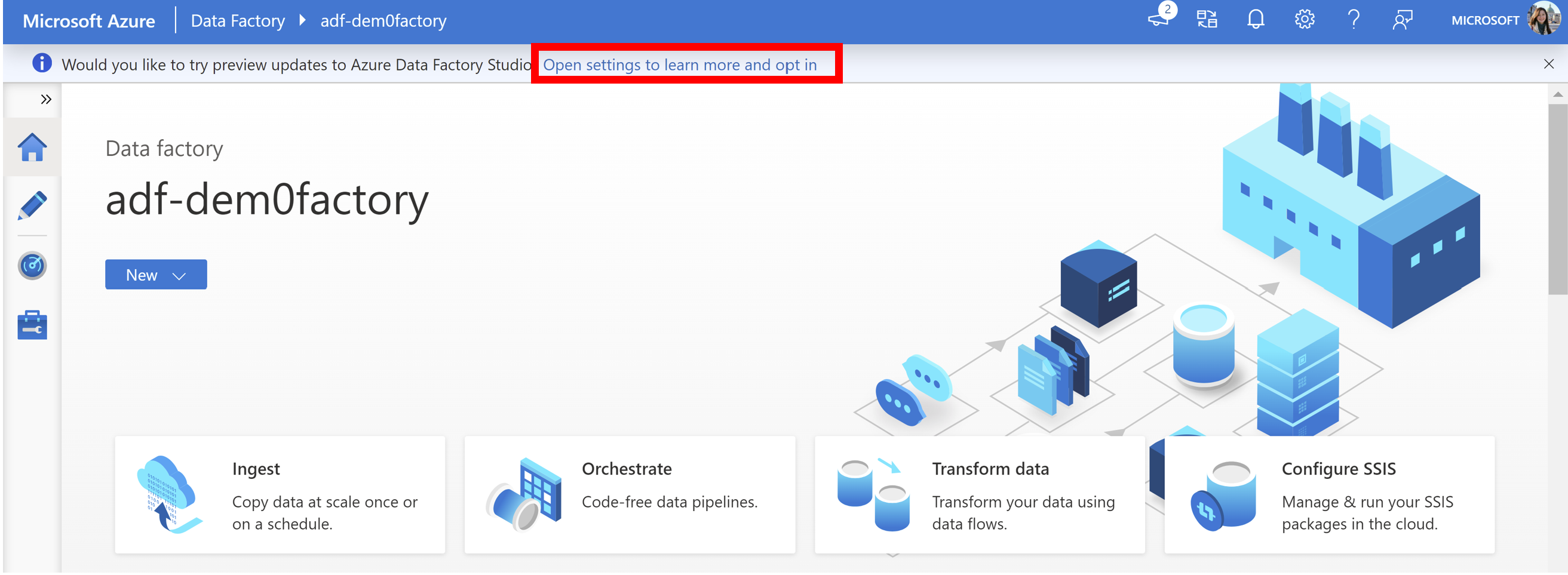 화면 상단 배너에 옵트인 옵션이 있는 Azure Data Factory 홈페이지 스크린샷