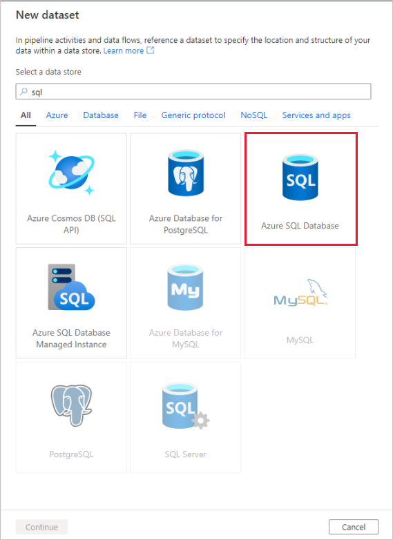 데이터 흐름에 새 Azure SQL Database 데이터 세트를 추가하는 Azure Portal의 스크린샷.