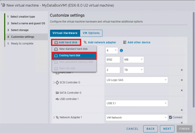 Screenshot showing the contents of the Customize Settings region highlighting the Add a new hard disk option.