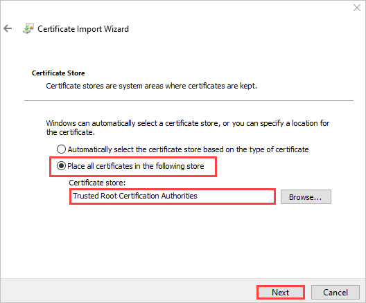 인증서 가져오기 마법사에서 신뢰할 수 있는 루트 인증 기관 저장소를 선택하기