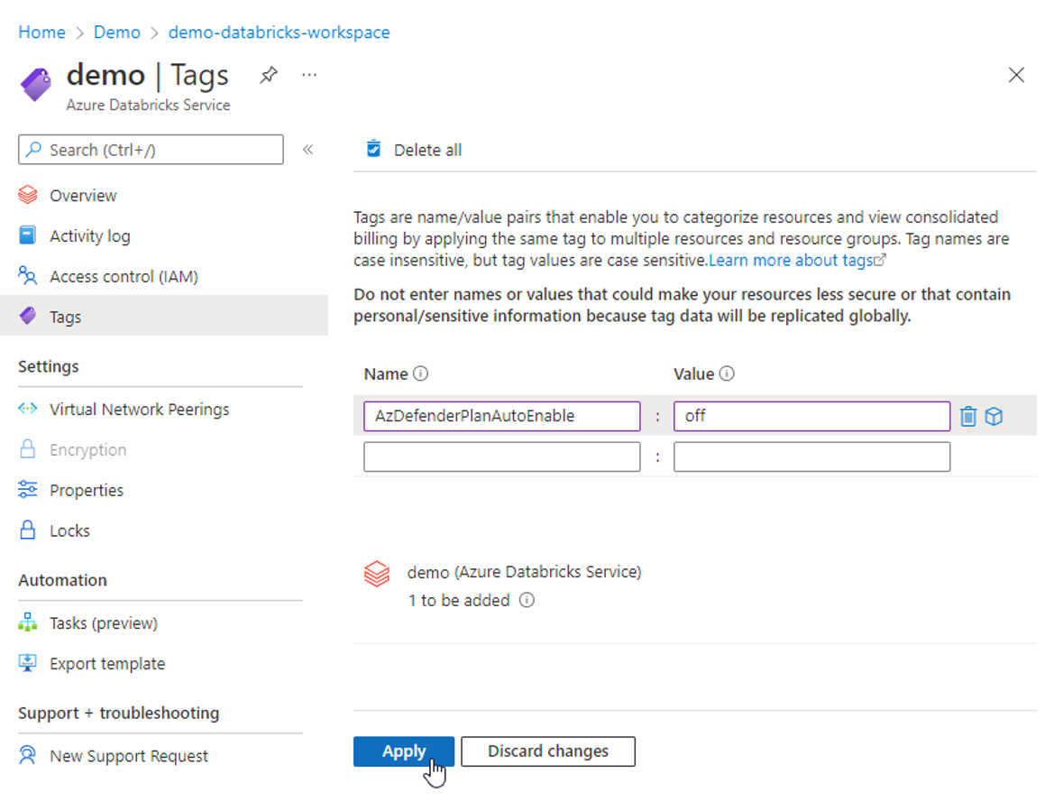 Azure Databricks 계정에 태그를 적용하는 방법 및 위치를 보여 주는 스크린샷