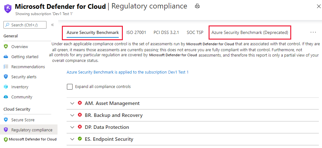 Azure Security Benchmark를 보여 주는 Azure Security Center의 규정 준수 대시보드