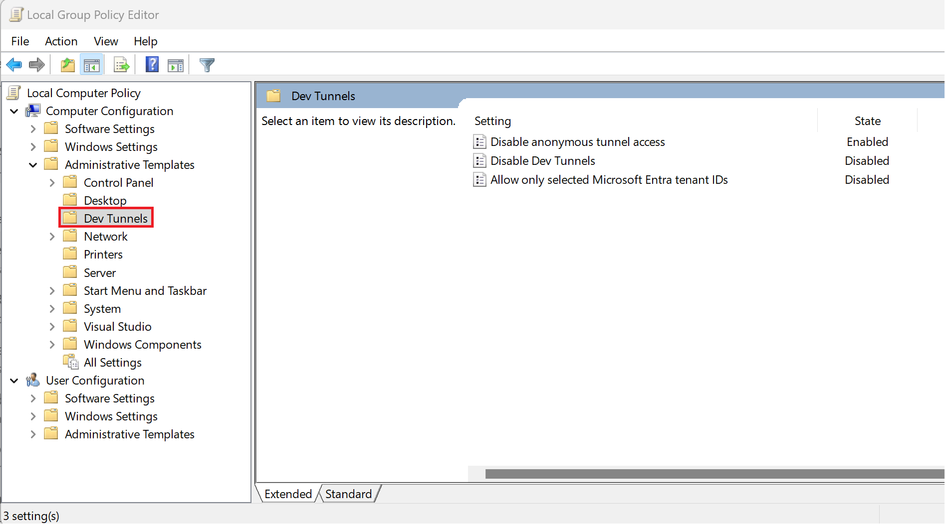 로컬 그룹 정책 편집기에서 개발자 터널 정책을 보여 주는 스크린샷