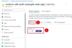 리소스의 ID 페이지에서 Azure 리소스에 대해 관리 ID를 사용하도록 설정하는 방법을 보여 주는 스크린샷.