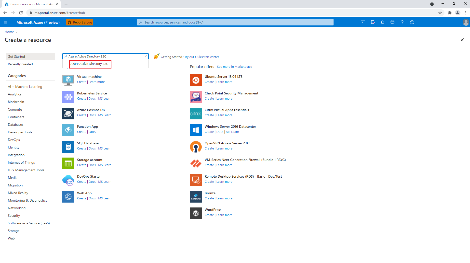 Azure Portal을 사용하여 새 Azure Active Directory B2C 인스턴스를 만듭니다.