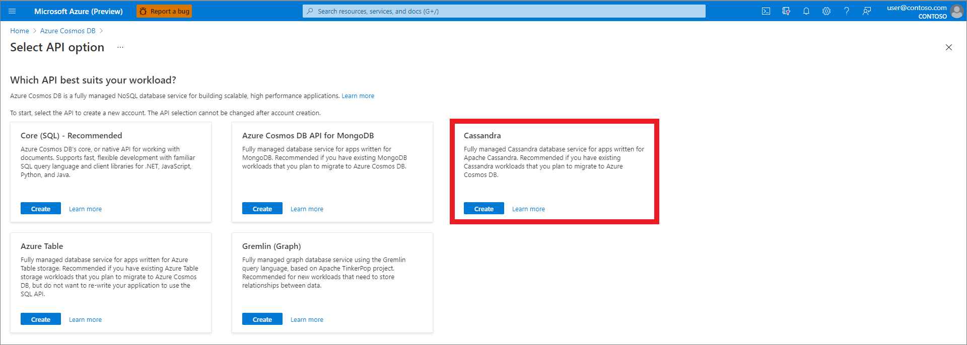 Azure Portal, 리소스 만들기, API 옵션 선택, Cassandra 선택