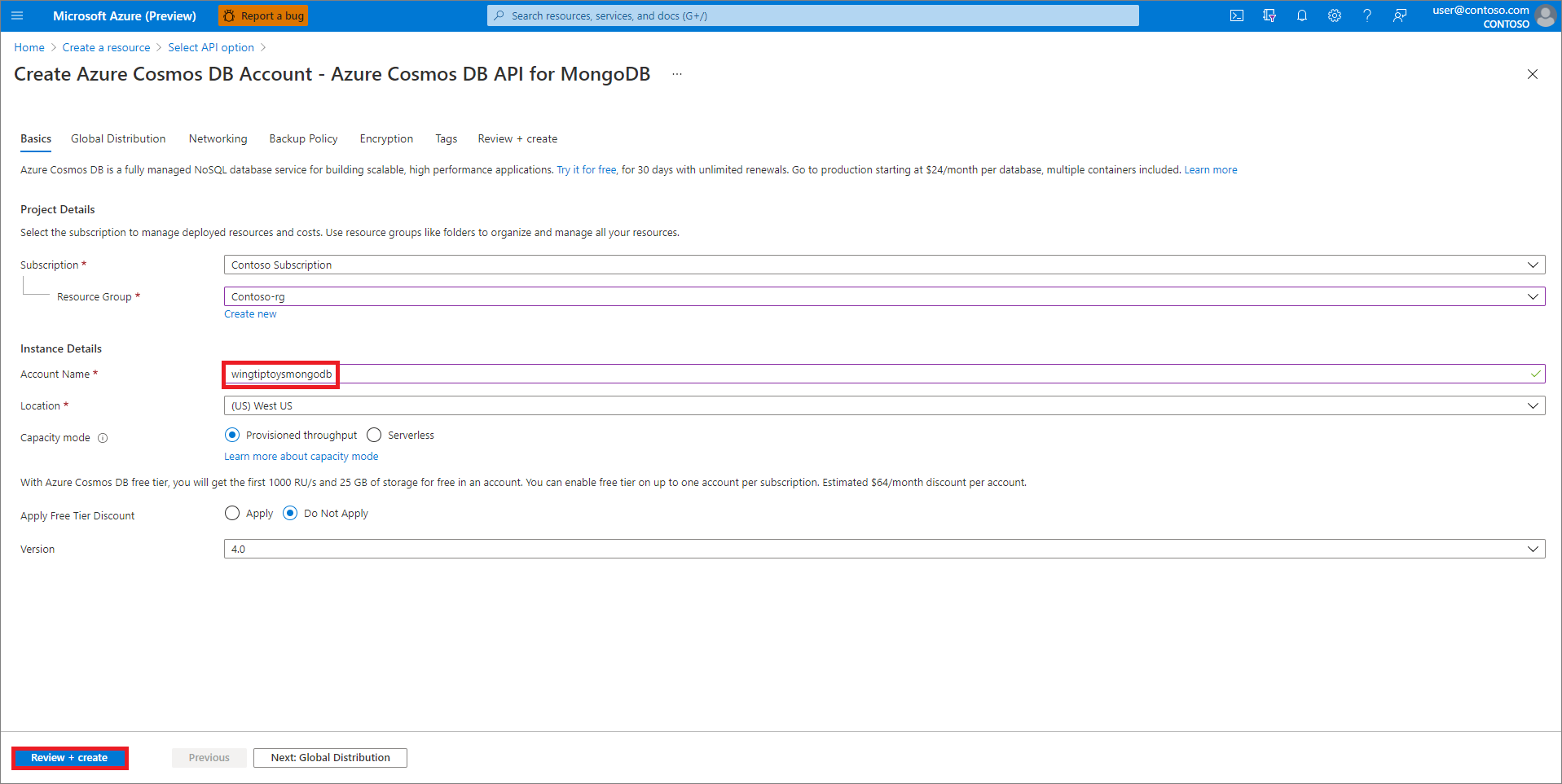 Azure Cosmos DB 계정 설정을 검토합니다.