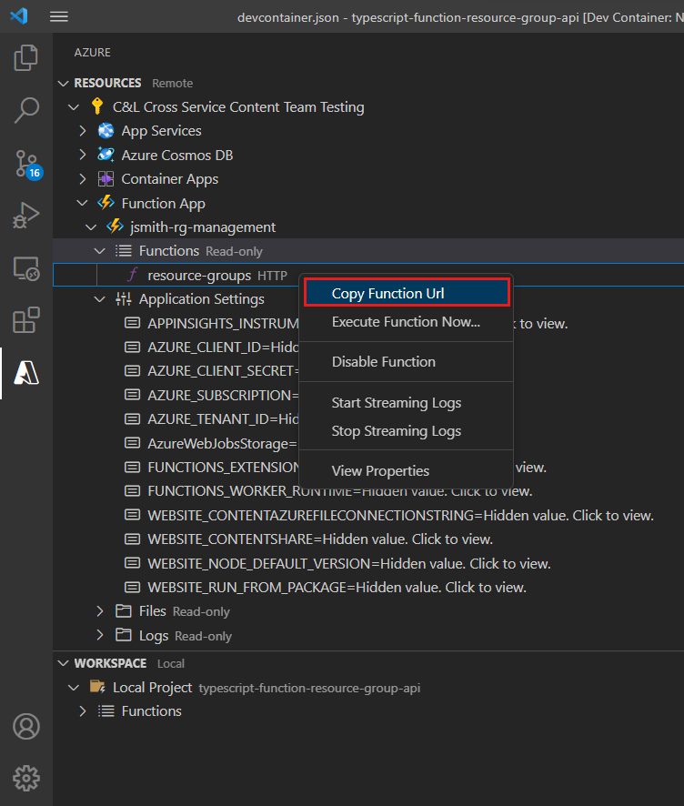 함수의 URL을 복사할 위치를 보여주는 Visual Studio Code의 Azure 탐색기 부분 스크린샷.