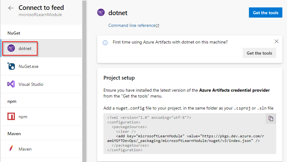 dotnet을 사용하여 피드에 연결하는 방법을 보여 주는 스크린샷