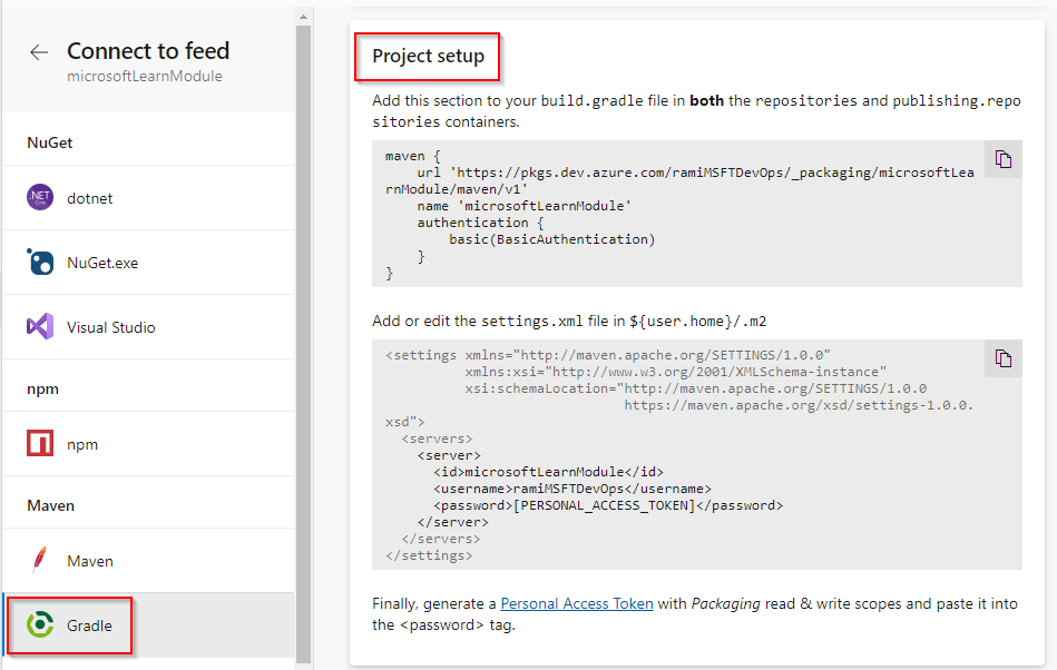 Gradle 프로젝트를 사용하여 피드에 연결하는 방법을 보여 주는 스크린샷