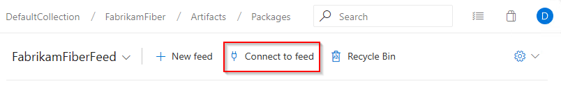 Azure DevOps Server 2019.1에서 피드에 연결하는 방법을 보여 주는 스크린샷