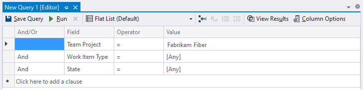 Visual Studio 쿼리 편집기 플랫 목록 쿼리의 스크린샷