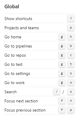 Azure DevOps 2020 전역 바로 가기 키를 보여 주는 스크린샷