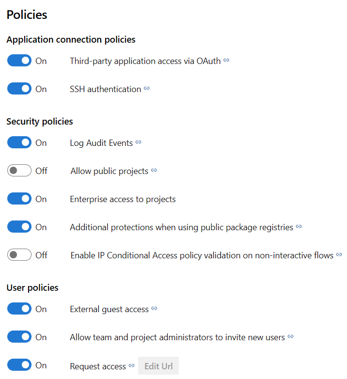 Azure DevOps 보안 정책의 스크린샷.