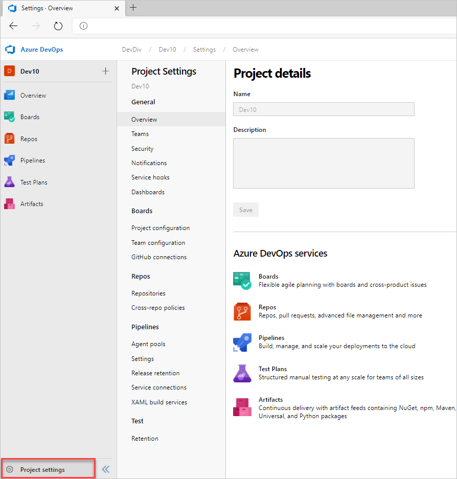 프로젝트 설정 페이지, Azure DevOps Server 버전의 스크린샷.