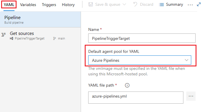 YAML 파이프라인에 대한 기본 에이전트 풀의 스크린샷