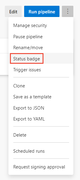 YAML 파이프라인 추가 작업 메뉴 옵션의 스크린샷.