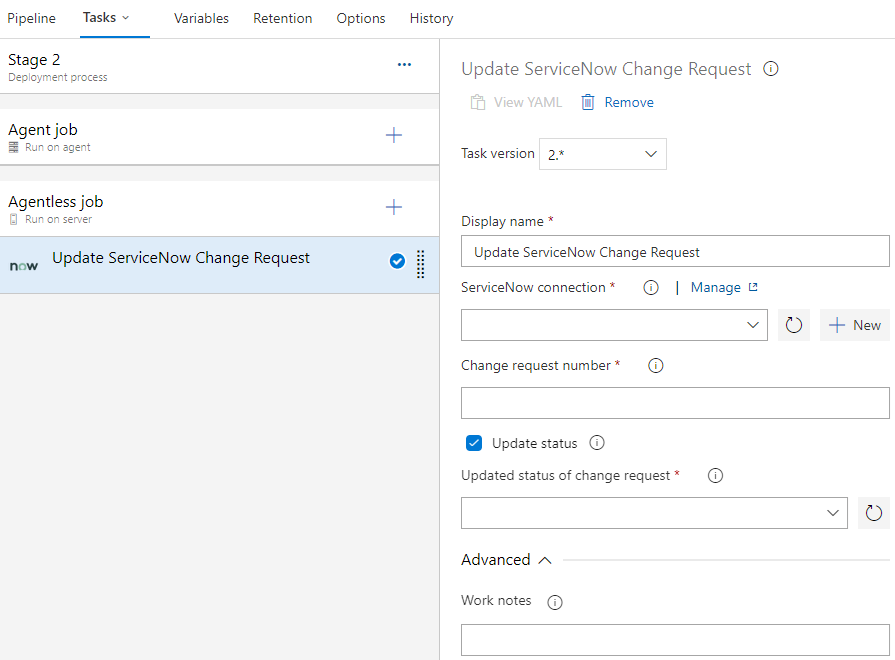 ServiceNow 변경 요청 업데이트 작업을 구성하는 방법을 보여 주는 스크린샷.