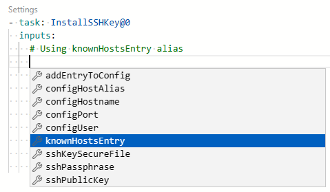 YAML 파이프라인 편집기의 intellisense 스크린샷